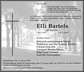 Traueranzeige von Elli Bartels von ALLGEMEINE ZEITUNG UELZEN