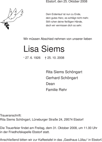 Traueranzeige von Lisa Siems von ALLGEMEINE ZEITUNG UELZEN