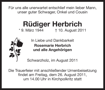 Traueranzeige von Rüdiger Herbrich von ALLGEMEINE ZEITUNG UELZEN