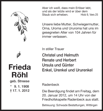 Traueranzeige von Frieda Röhl von ALLGEMEINE ZEITUNG UELZEN