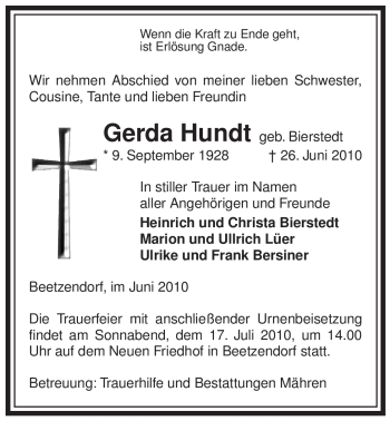 Traueranzeige von Gerda Hundt von ALLGEMEINE ZEITUNG UELZEN
