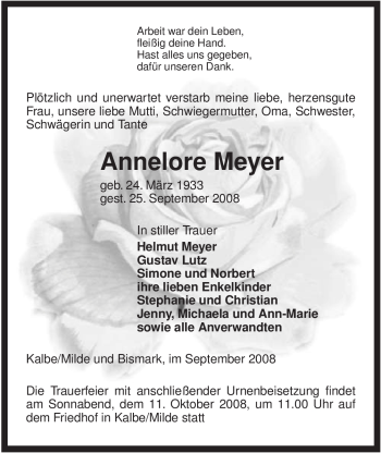 Traueranzeige von Annelore Meyer von ALLGEMEINE ZEITUNG UELZEN