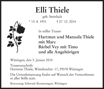 Traueranzeige von Elli Thiele von Uelzen