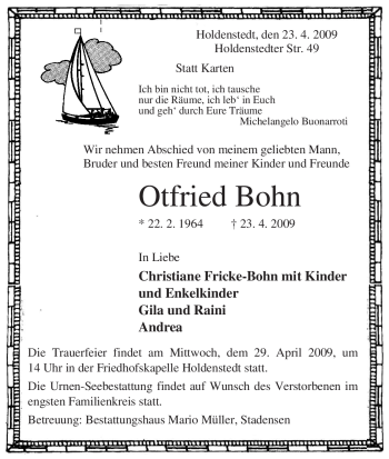 Traueranzeige von Otfried Bohn von ALLGEMEINE ZEITUNG UELZEN