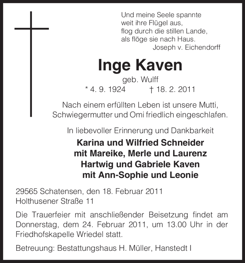  Traueranzeige für Inge Kaven vom 22.02.2011 aus ALLGEMEINE ZEITUNG UELZEN