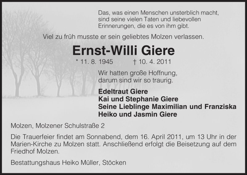  Traueranzeige für Ernst-Willi Giere vom 13.04.2011 aus ALLGEMEINE ZEITUNG UELZEN