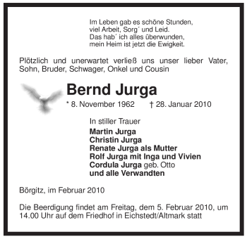 Traueranzeige von Bernd Jurga von ALLGEMEINE ZEITUNG UELZEN