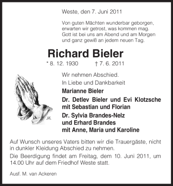 Traueranzeige von Richard Bieler von ALLGEMEINE ZEITUNG UELZEN