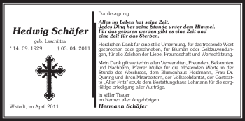 Traueranzeige von Hedwig Schäfer von ALLGEMEINE ZEITUNG UELZEN