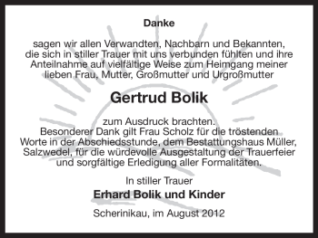 Traueranzeige von Gertrud Bolik von ALLGEMEINE ZEITUNG UELZEN