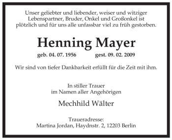 Traueranzeige von Henning Mayer von ALLGEMEINE ZEITUNG UELZEN