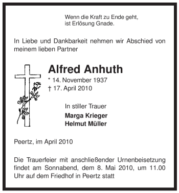 Traueranzeige von Alfred Anhuth von ALLGEMEINE ZEITUNG UELZEN