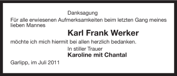 Traueranzeige von Karl Frank Werker von ALLGEMEINE ZEITUNG UELZEN