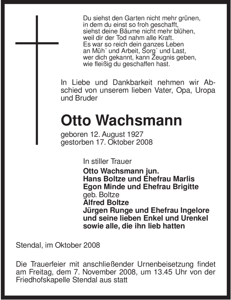  Traueranzeige für Otto Wachsmann vom 30.10.2008 aus ALLGEMEINE ZEITUNG UELZEN