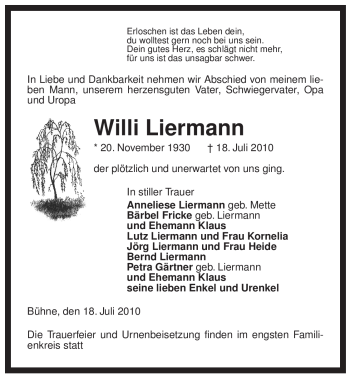 Traueranzeige von Willi Liermann von ALLGEMEINE ZEITUNG UELZEN