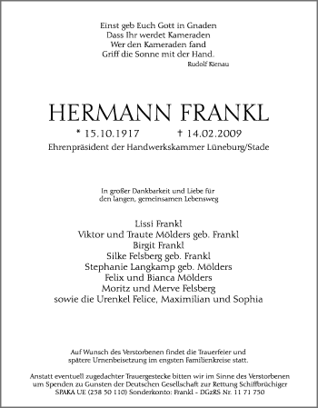 Traueranzeige von Hermann Frankl von ALLGEMEINE ZEITUNG UELZEN