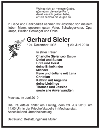 Traueranzeige von Gerhard Sieler von ALLGEMEINE ZEITUNG UELZEN