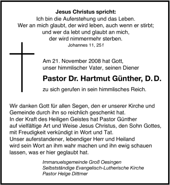 Traueranzeige von Hartmut Günther von ALLGEMEINE ZEITUNG UELZEN