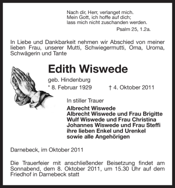 Traueranzeige von Edith Wiswede von ALLGEMEINE ZEITUNG UELZEN