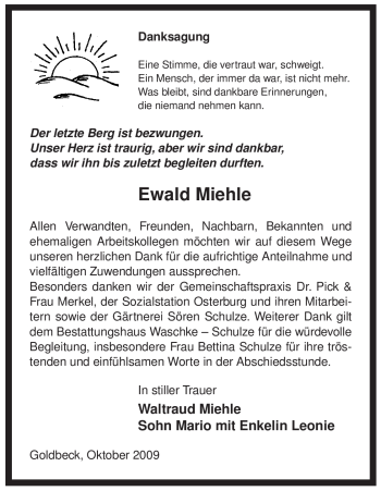 Traueranzeige von Ewald Miehle von ALLGEMEINE ZEITUNG UELZEN