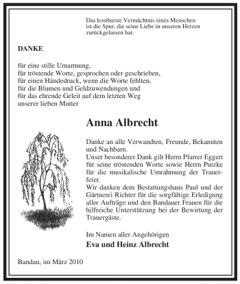 Traueranzeige von Anna Albrecht von ALLGEMEINE ZEITUNG UELZEN