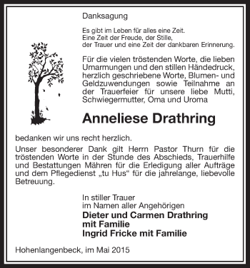 Traueranzeige von Anneliese Drathring von Uelzen