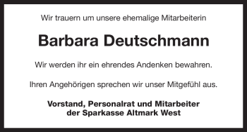 Traueranzeige von Barbara Deutschmann von ALLGEMEINE ZEITUNG UELZEN