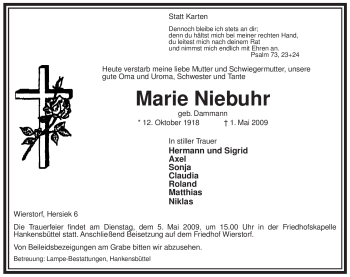 Traueranzeige von Marie Niebuhr von ALLGEMEINE ZEITUNG UELZEN