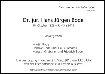 Traueranzeige von Hans Jürgen Bode von Uelzen