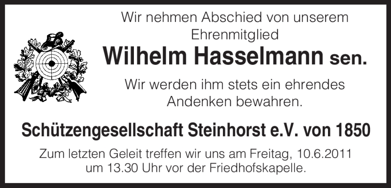  Traueranzeige für Wilhelm Hasselmann vom 09.06.2011 aus ALLGEMEINE ZEITUNG UELZEN