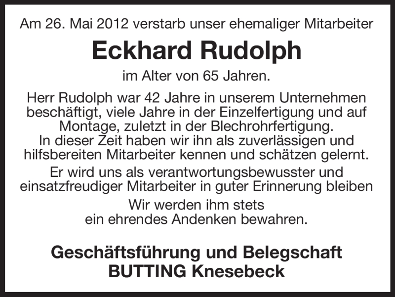  Traueranzeige für Eckhard Rudolph vom 01.06.2012 aus ALLGEMEINE ZEITUNG UELZEN