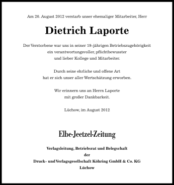 Traueranzeige von Dietrich Laporte von ALLGEMEINE ZEITUNG UELZEN