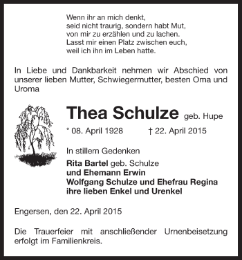 Traueranzeige von Thea Schulze von Uelzen