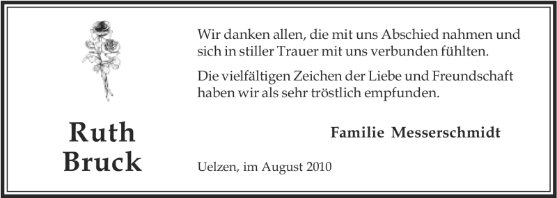 Traueranzeige für Ruth Bruck vom 14.08.2010 aus ALLGEMEINE ZEITUNG UELZEN