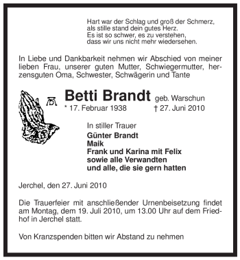 Traueranzeige von Betti Brandt von ALLGEMEINE ZEITUNG UELZEN