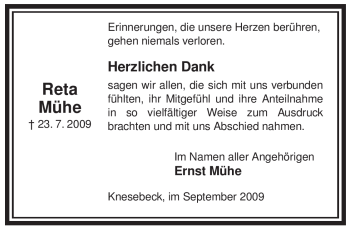 Traueranzeige von Reta Mühe von ALLGEMEINE ZEITUNG UELZEN