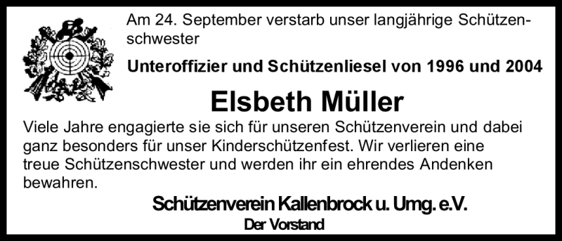  Traueranzeige für Elsbeth Müller vom 29.09.2010 aus ALLGEMEINE ZEITUNG UELZEN