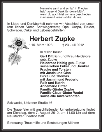 Traueranzeige von Herbert Zupke von ALLGEMEINE ZEITUNG UELZEN