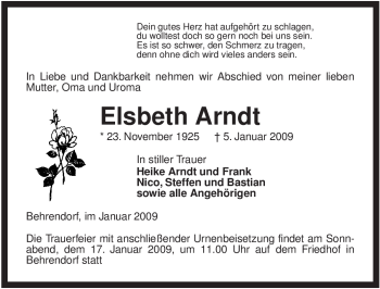 Traueranzeige von Elsbeth Arndt von ALLGEMEINE ZEITUNG UELZEN