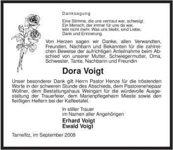 Traueranzeige von Dora Voigt von ALLGEMEINE ZEITUNG UELZEN