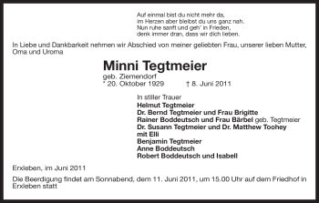 Traueranzeige von Minni Tegtmeier von ALLGEMEINE ZEITUNG UELZEN