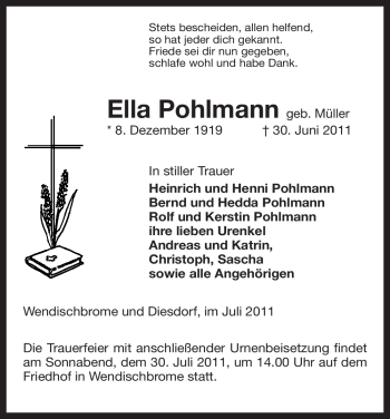 Traueranzeige von Ella Pohlmann von ALLGEMEINE ZEITUNG UELZEN