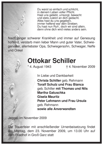 Traueranzeige von Ottokar Schiller von ALLGEMEINE ZEITUNG UELZEN
