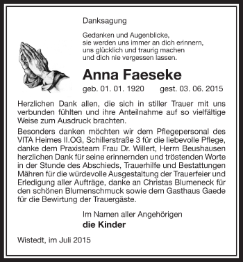 Traueranzeige von Anna Faeseke von Uelzen