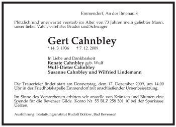 Traueranzeige von Gert Cahnbley von ALLGEMEINE ZEITUNG UELZEN