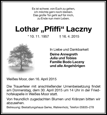 Traueranzeige von Lothar Laczny von Uelzen