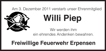 Traueranzeige von Willi Piep von ALLGEMEINE ZEITUNG UELZEN