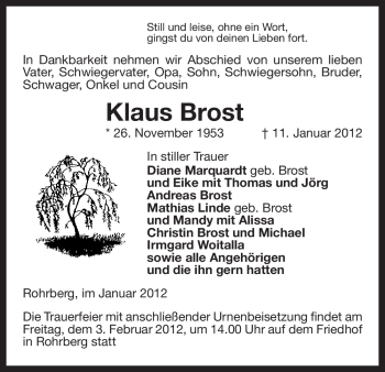 Traueranzeige von Klaus Brost von ALLGEMEINE ZEITUNG UELZEN
