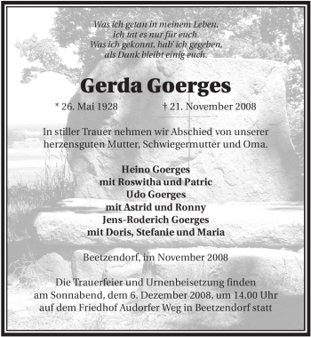 Traueranzeige von Gerda Goerges von ALLGEMEINE ZEITUNG UELZEN