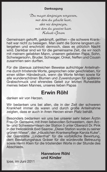 Traueranzeige von Erwin Röhl von ALLGEMEINE ZEITUNG UELZEN